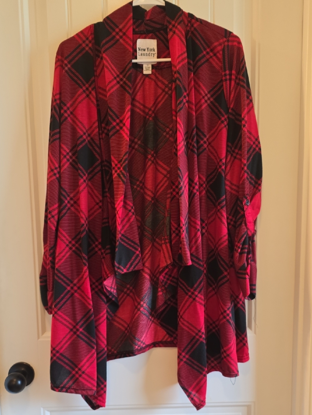 New York Laundry Red and Black Plaid Open-Front Sweater